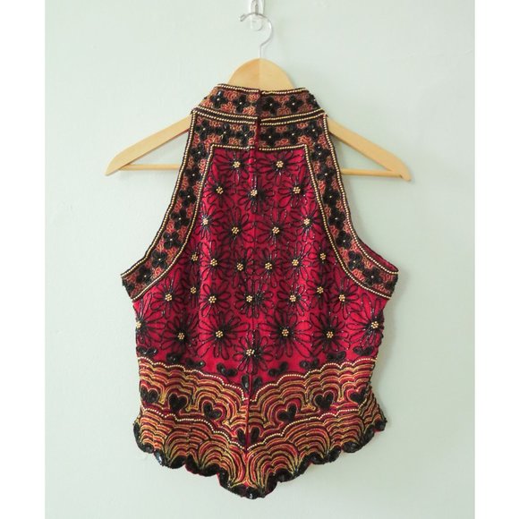 Papell Boutique Silk Evening Red Black Gold Multi-Color Floral Beaded Top - Picture 5 of 9